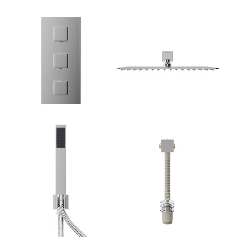 Cubix Polished Chrome Concealed Triple Thermostatic Shower Valve with Diverter and 400mm Square Head with 345mm Wall Arm and Outlet Holder with Kit and Free-Flow Bath Filler - 3 Outlet Front View