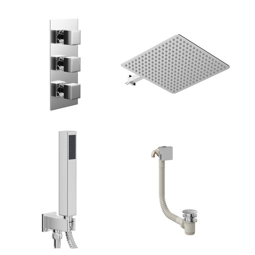 Cubix Polished Chrome Concealed Triple Thermostatic Shower Valve with Diverter and 400mm Square Head with 345mm Wall Arm and Outlet Holder with Kit and Free-Flow Bath Filler - 3 Outlet Left Hand View