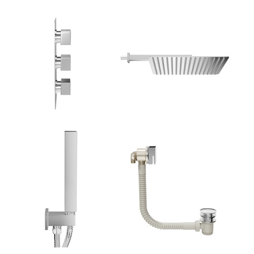 Cubix Polished Chrome Concealed Triple Thermostatic Shower Valve with Diverter and 400mm Square Head with 345mm Wall Arm and Outlet Holder with Kit and Free-Flow Bath Filler - 3 Outlet View from Side