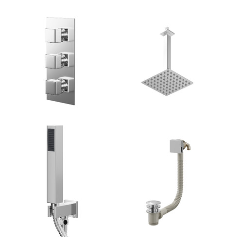 Cubix Polished Chrome Concealed Triple Thermostatic Shower Valve with Diverter and 200mm Square Head with 300mm Ceiling Arm and Outlet Holder with Kit and Free-Flow Bath Filler - 3 Outlet Right Hand View