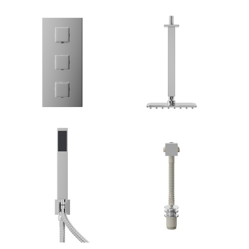 Cubix Polished Chrome Concealed Triple Thermostatic Shower Valve with Diverter and 200mm Square Head with 300mm Ceiling Arm and Outlet Holder with Kit and Free-Flow Bath Filler - 3 Outlet Front View