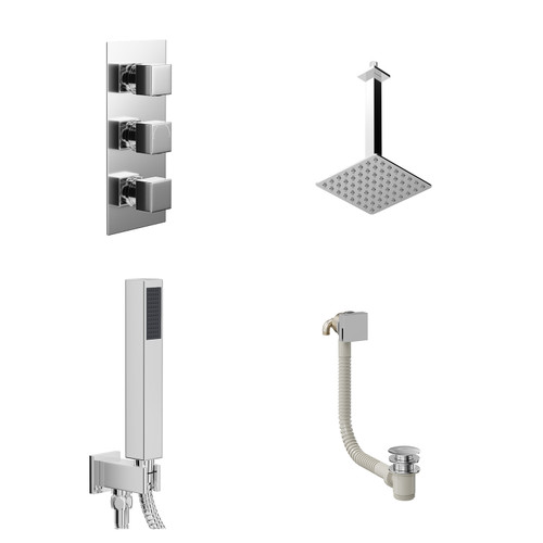 Cubix Polished Chrome Concealed Triple Thermostatic Shower Valve with Diverter and 200mm Square Head with 300mm Ceiling Arm and Outlet Holder with Kit and Free-Flow Bath Filler - 3 Outlet Left Hand View