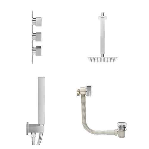 Cubix Polished Chrome Concealed Triple Thermostatic Shower Valve with Diverter and 200mm Square Head with 300mm Ceiling Arm and Outlet Holder with Kit and Free-Flow Bath Filler - 3 Outlet View from Side