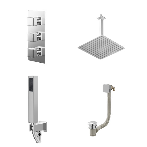 Cubix Polished Chrome Concealed Triple Thermostatic Shower Valve with Diverter and 300mm Square Head with 300mm Ceiling Arm and Outlet Holder with Kit and Free-Flow Bath Filler - 3 Outlet Right Hand View
