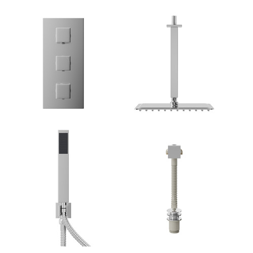Cubix Polished Chrome Concealed Triple Thermostatic Shower Valve with Diverter and 300mm Square Head with 300mm Ceiling Arm and Outlet Holder with Kit and Free-Flow Bath Filler - 3 Outlet Front View