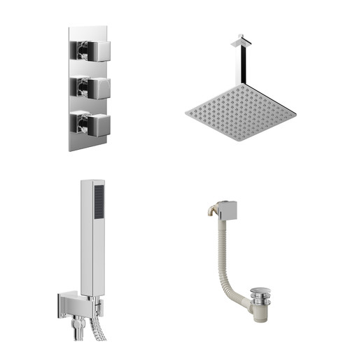 Cubix Polished Chrome Concealed Triple Thermostatic Shower Valve with Diverter and 300mm Square Head with 300mm Ceiling Arm and Outlet Holder with Kit and Free-Flow Bath Filler - 3 Outlet Left Hand View