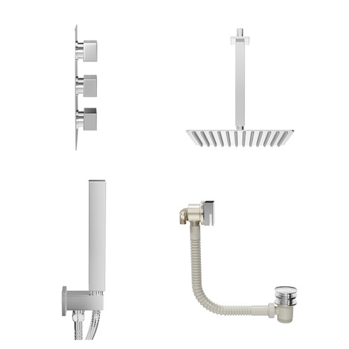 Cubix Polished Chrome Concealed Triple Thermostatic Shower Valve with Diverter and 300mm Square Head with 300mm Ceiling Arm and Outlet Holder with Kit and Free-Flow Bath Filler - 3 Outlet View from Side