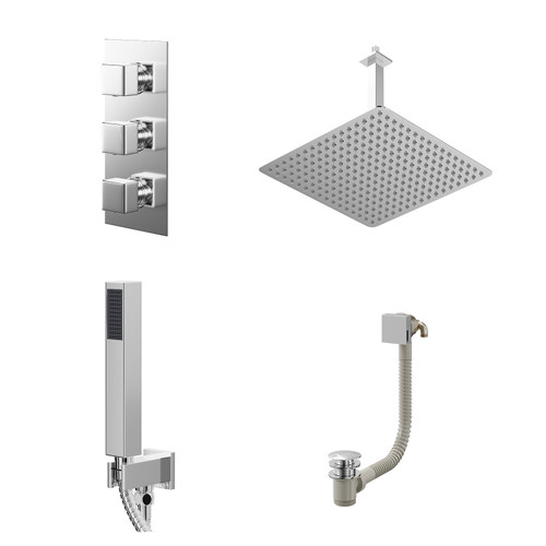 Cubix Polished Chrome Concealed Triple Thermostatic Shower Valve with Diverter and 400mm Square Head with 300mm Ceiling Arm and Outlet Holder with Kit and Free-Flow Bath Filler - 3 Outlet Right Hand View