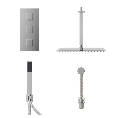 Cubix Polished Chrome Concealed Triple Thermostatic Shower Valve with Diverter and 400mm Square Head with 300mm Ceiling Arm and Outlet Holder with Kit and Free-Flow Bath Filler - 3 Outlet Front View