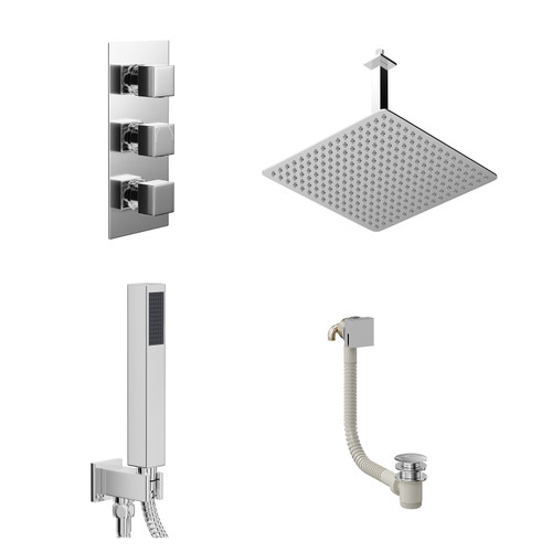 Cubix Polished Chrome Concealed Triple Thermostatic Shower Valve with Diverter and 400mm Square Head with 300mm Ceiling Arm and Outlet Holder with Kit and Free-Flow Bath Filler - 3 Outlet Left Hand View