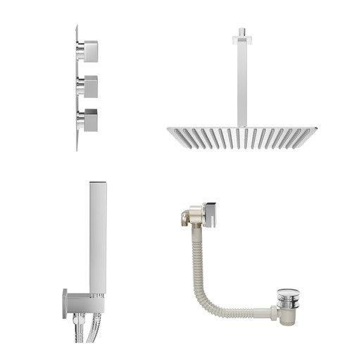 Cubix Polished Chrome Concealed Triple Thermostatic Shower Valve with Diverter and 400mm Square Head with 300mm Ceiling Arm and Outlet Holder with Kit and Free-Flow Bath Filler - 3 Outlet View from Side