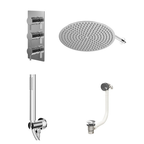 Circo Polished Chrome Concealed Triple Thermostatic Shower Valve with Diverter and 400mm Round Head with 345mm Wall Arm and Outlet Holder with Kit and Free-Flow Bath Filler - 3 Outlet Right Hand View
