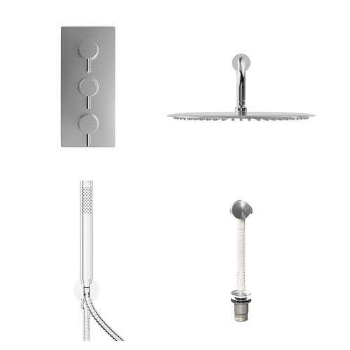 Circo Polished Chrome Concealed Triple Thermostatic Shower Valve with Diverter and 400mm Round Head with 345mm Wall Arm and Outlet Holder with Kit and Free-Flow Bath Filler - 3 Outlet Front View