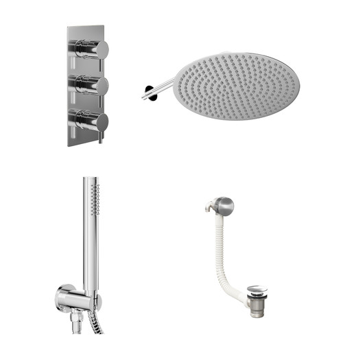 Circo Polished Chrome Concealed Triple Thermostatic Shower Valve with Diverter and 400mm Round Head with 345mm Wall Arm and Outlet Holder with Kit and Free-Flow Bath Filler - 3 Outlet Left Hand View