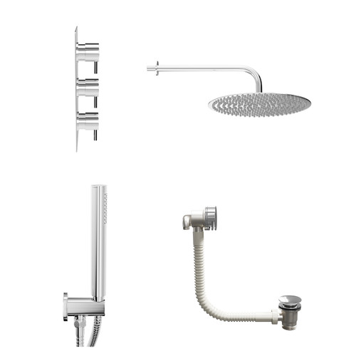 Circo Polished Chrome Concealed Triple Thermostatic Shower Valve with Diverter and 400mm Round Head with 345mm Wall Arm and Outlet Holder with Kit and Free-Flow Bath Filler - 3 Outlet View from Side
