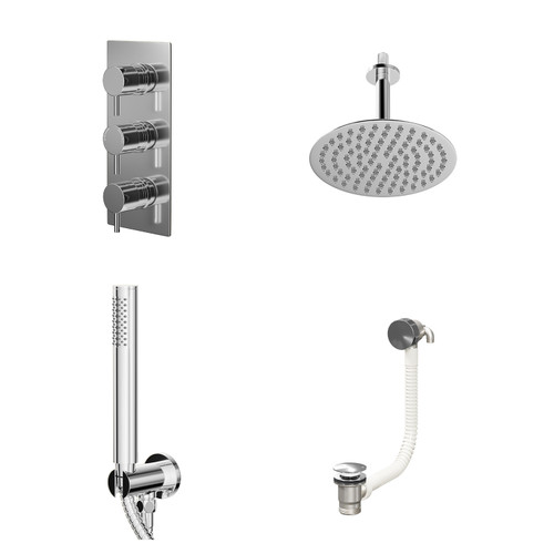 Circo Polished Chrome Concealed Triple Thermostatic Shower Valve with Diverter and 200mm Round Head with 150mm Ceiling Arm and Outlet Holder with Kit and Free-Flow Bath Filler - 3 Outlet Right Hand View