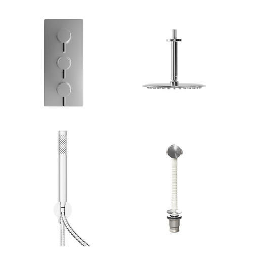 Circo Polished Chrome Concealed Triple Thermostatic Shower Valve with Diverter and 200mm Round Head with 150mm Ceiling Arm and Outlet Holder with Kit and Free-Flow Bath Filler - 3 Outlet Front View