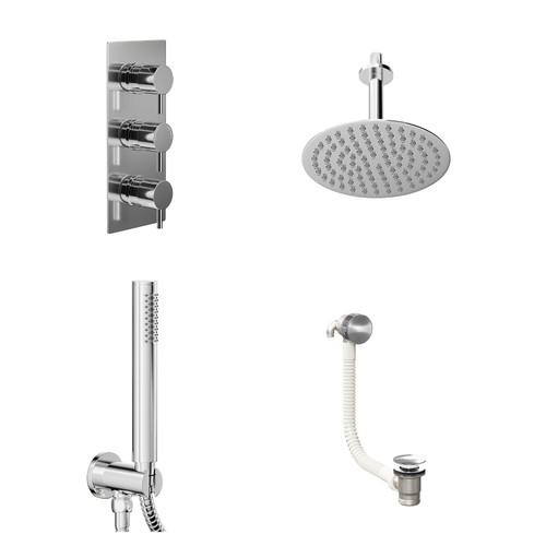 Circo Polished Chrome Concealed Triple Thermostatic Shower Valve with Diverter and 200mm Round Head with 150mm Ceiling Arm and Outlet Holder with Kit and Free-Flow Bath Filler - 3 Outlet Left Hand View