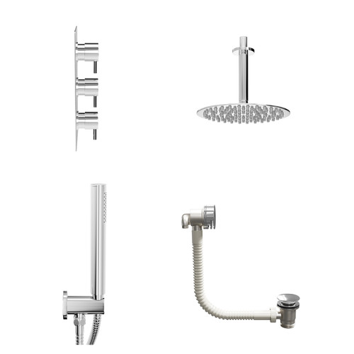 Circo Polished Chrome Concealed Triple Thermostatic Shower Valve with Diverter and 200mm Round Head with 150mm Ceiling Arm and Outlet Holder with Kit and Free-Flow Bath Filler - 3 Outlet View from Side