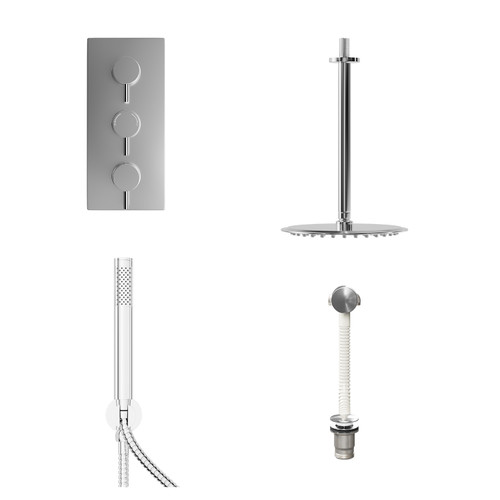 Circo Polished Chrome Concealed Triple Thermostatic Shower Valve with Diverter and 200mm Round Head with 300mm Ceiling Arm and Outlet Holder with Kit and Free-Flow Bath Filler - 3 Outlet Front View