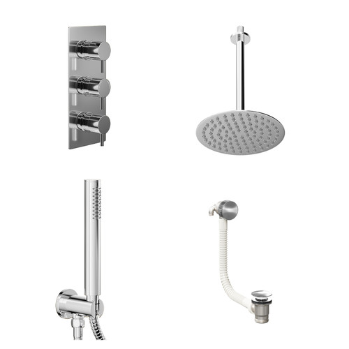 Circo Polished Chrome Concealed Triple Thermostatic Shower Valve with Diverter and 200mm Round Head with 300mm Ceiling Arm and Outlet Holder with Kit and Free-Flow Bath Filler - 3 Outlet Left Hand View