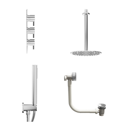 Circo Polished Chrome Concealed Triple Thermostatic Shower Valve with Diverter and 200mm Round Head with 300mm Ceiling Arm and Outlet Holder with Kit and Free-Flow Bath Filler - 3 Outlet View from Side