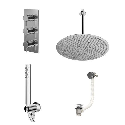 Circo Polished Chrome Concealed Triple Thermostatic Shower Valve with Diverter and 400mm Round Head with 300mm Ceiling Arm and Outlet Holder with Kit and Free-Flow Bath Filler - 3 Outlet Right Hand View