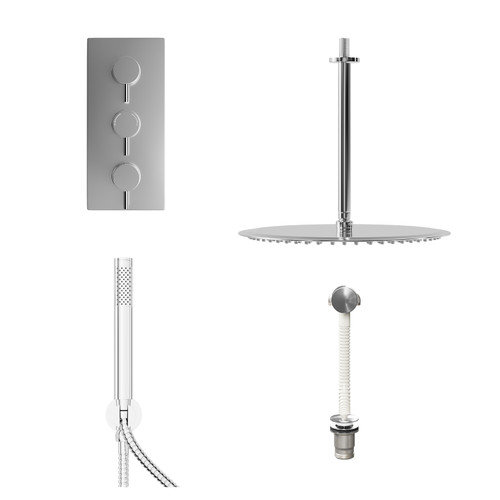 Circo Polished Chrome Concealed Triple Thermostatic Shower Valve with Diverter and 400mm Round Head with 300mm Ceiling Arm and Outlet Holder with Kit and Free-Flow Bath Filler - 3 Outlet Front View