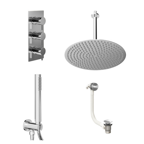 Circo Polished Chrome Concealed Triple Thermostatic Shower Valve with Diverter and 400mm Round Head with 300mm Ceiling Arm and Outlet Holder with Kit and Free-Flow Bath Filler - 3 Outlet Left Hand View
