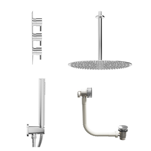 Circo Polished Chrome Concealed Triple Thermostatic Shower Valve with Diverter and 400mm Round Head with 300mm Ceiling Arm and Outlet Holder with Kit and Free-Flow Bath Filler - 3 Outlet View from Side