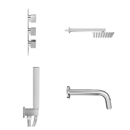 Cubix Polished Chrome Concealed Triple Thermostatic Shower Valve with Diverter and 200mm Square Head with 345mm Wall Arm and Outlet Holder with Kit and Bath Spout - 3 Outlet View from Side