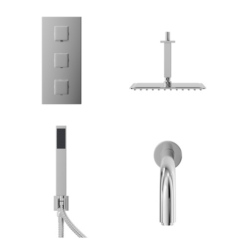 Cubix Polished Chrome Concealed Triple Thermostatic Shower Valve with Diverter and 300mm Square Head with 150mm Ceiling Arm and Outlet Holder with Kit and Bath Spout - 3 Outlet Front View