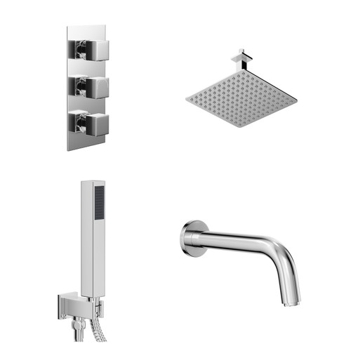 Cubix Polished Chrome Concealed Triple Thermostatic Shower Valve with Diverter and 300mm Square Head with 150mm Ceiling Arm and Outlet Holder with Kit and Bath Spout - 3 Outlet Left Hand View
