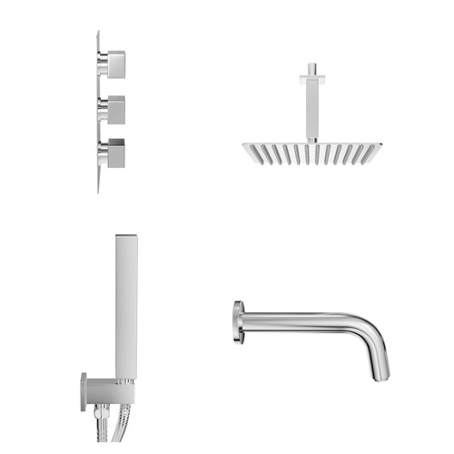 Cubix Polished Chrome Concealed Triple Thermostatic Shower Valve with Diverter and 300mm Square Head with 150mm Ceiling Arm and Outlet Holder with Kit and Bath Spout - 3 Outlet View from Side