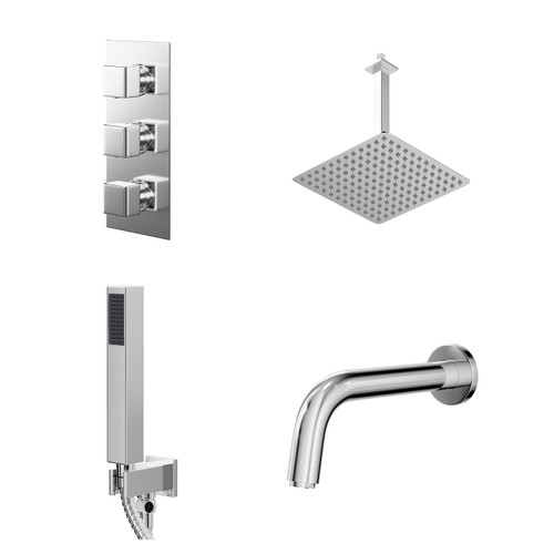 Cubix Polished Chrome Concealed Triple Thermostatic Shower Valve with Diverter and 300mm Square Head with 300mm Ceiling Arm and Outlet Holder with Kit and Bath Spout - 3 Outlet Right Hand View