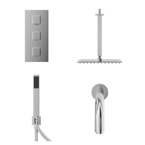 Cubix Polished Chrome Concealed Triple Thermostatic Shower Valve with Diverter and 300mm Square Head with 300mm Ceiling Arm and Outlet Holder with Kit and Bath Spout - 3 Outlet Front View