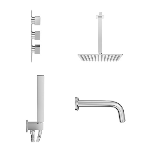 Cubix Polished Chrome Concealed Triple Thermostatic Shower Valve with Diverter and 300mm Square Head with 300mm Ceiling Arm and Outlet Holder with Kit and Bath Spout - 3 Outlet View from Side