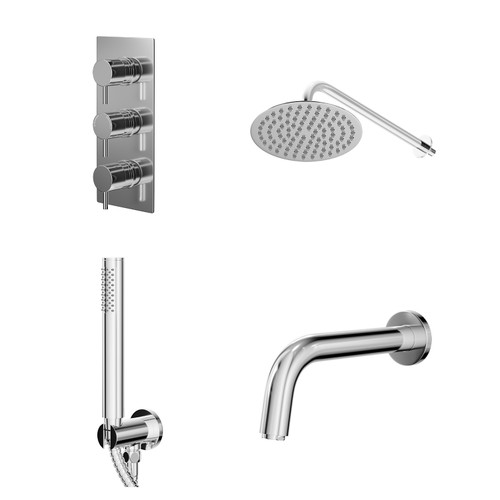 Circo Polished Chrome Concealed Triple Thermostatic Shower Valve with Diverter and 200mm Round Head with 345mm Wall Arm and Outlet Holder with Kit and Bath Spout - 3 Outlet Right Hand View