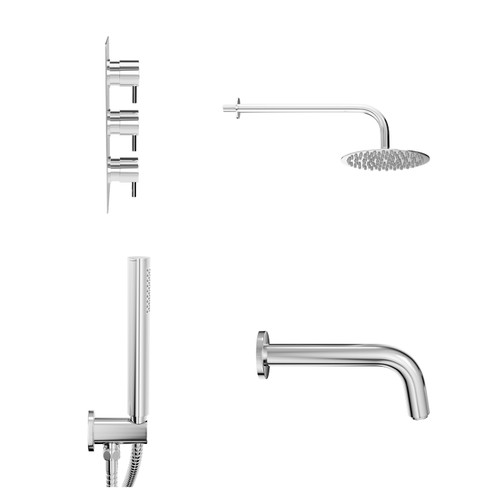 Circo Polished Chrome Concealed Triple Thermostatic Shower Valve with Diverter and 200mm Round Head with 345mm Wall Arm and Outlet Holder with Kit and Bath Spout - 3 Outlet View from Side