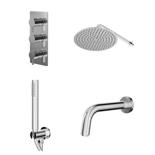 Circo Polished Chrome Concealed Triple Thermostatic Shower Valve with Diverter and 300mm Round Head with 345mm Wall Arm and Outlet Holder with Kit and Bath Spout - 3 Outlet Right Hand View