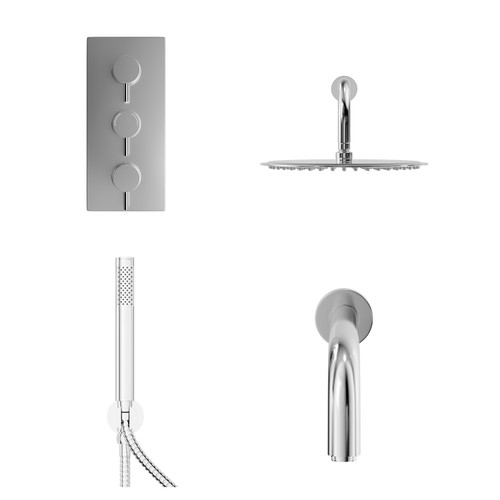 Circo Polished Chrome Concealed Triple Thermostatic Shower Valve with Diverter and 300mm Round Head with 345mm Wall Arm and Outlet Holder with Kit and Bath Spout - 3 Outlet Front View