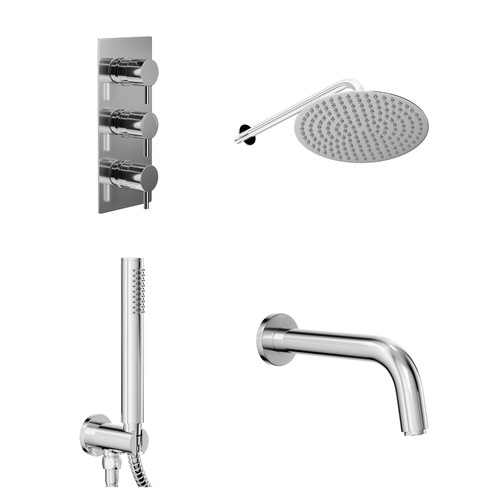 Circo Polished Chrome Concealed Triple Thermostatic Shower Valve with Diverter and 300mm Round Head with 345mm Wall Arm and Outlet Holder with Kit and Bath Spout - 3 Outlet Left Hand View