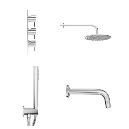 Circo Polished Chrome Concealed Triple Thermostatic Shower Valve with Diverter and 300mm Round Head with 345mm Wall Arm and Outlet Holder with Kit and Bath Spout - 3 Outlet View from Side