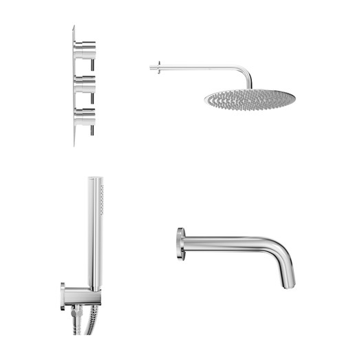 Circo Polished Chrome Concealed Triple Thermostatic Shower Valve with Diverter and 400mm Round Head with 345mm Wall Arm and Outlet Holder with Kit and Bath Spout - 3 Outlet View from Side