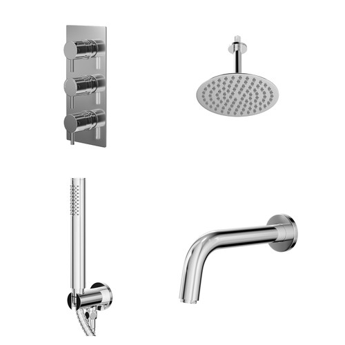Circo Polished Chrome Concealed Triple Thermostatic Shower Valve with Diverter and 200mm Round Head with 150mm Ceiling Arm and Clyde Slide Rail Kit with Bath Spout - 3 Outlet Right Hand View