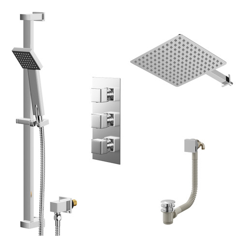 Cubix Polished Chrome Concealed Triple Thermostatic Shower Valve with Diverter and 300mm Square Head with 345mm Wall Arm and Thames Slide Rail Kit with Free-Flow Bath Filler - 3 Outlet Right Hand View
