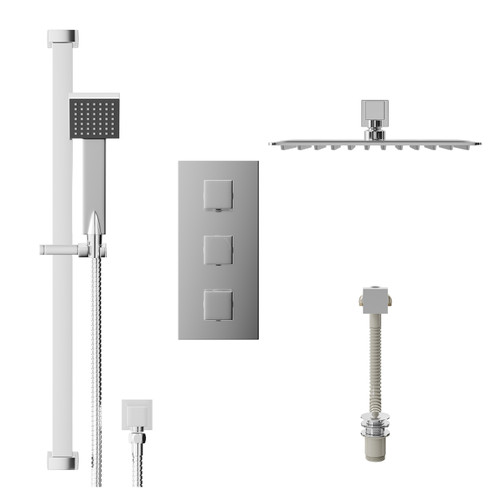Cubix Polished Chrome Concealed Triple Thermostatic Shower Valve with Diverter and 300mm Square Head with 345mm Wall Arm and Thames Slide Rail Kit with Free-Flow Bath Filler - 3 Outlet Front View