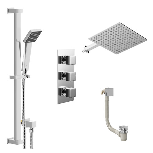 Cubix Polished Chrome Concealed Triple Thermostatic Shower Valve with Diverter and 300mm Square Head with 345mm Wall Arm and Thames Slide Rail Kit with Free-Flow Bath Filler - 3 Outlet Left Hand View