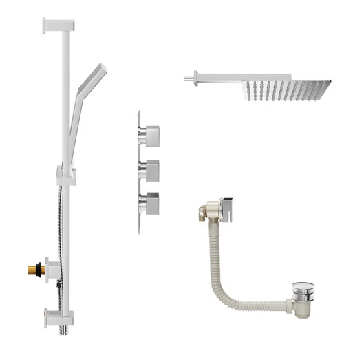 Cubix Polished Chrome Concealed Triple Thermostatic Shower Valve with Diverter and 300mm Square Head with 345mm Wall Arm and Thames Slide Rail Kit with Free-Flow Bath Filler - 3 Outlet View from Side