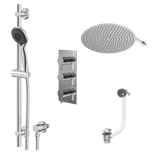 Circo Polished Chrome Concealed Triple Thermostatic Shower Valve with Diverter and 400mm Round Head with 345mm Wall Arm and Clyde Slide Rail Kit with Free-Flow Bath Filler - 3 Outlet Right Hand View